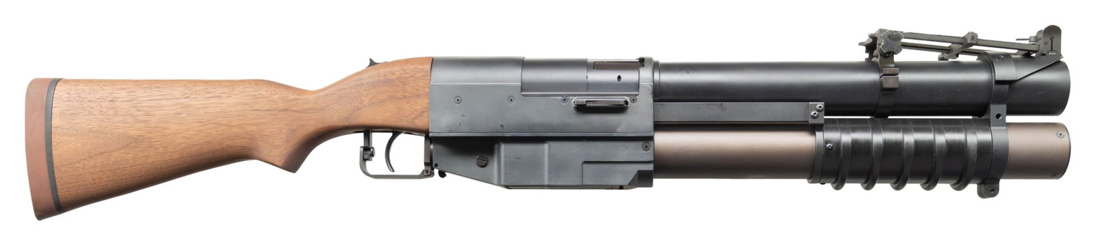 ASI/RETRO CHINA LAKE 4-SHOT PUMP GRENADE LAUNCHER.: Cal. 40MM. S# 40MMPGL33. Bbl. 14". The mythical "Pumper Thumper" 40mm grenade launcher as designed by the Special Operations Branch at China Lake Navel Weapons Center. China Lake was a facility that w