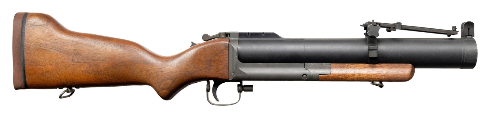 BEAUTIFUL M79 "THUMPER" 40MM GRENADE LAUNCHER: BY DENS GUN SHOP. Cal. 40mm. S# DD004. Bbl. 14". An opportunity to own the iconic "Bloop Gun", or "Thumper" the single shot M79 grenade launcher. The simple, single shot design is as rugged & accurate