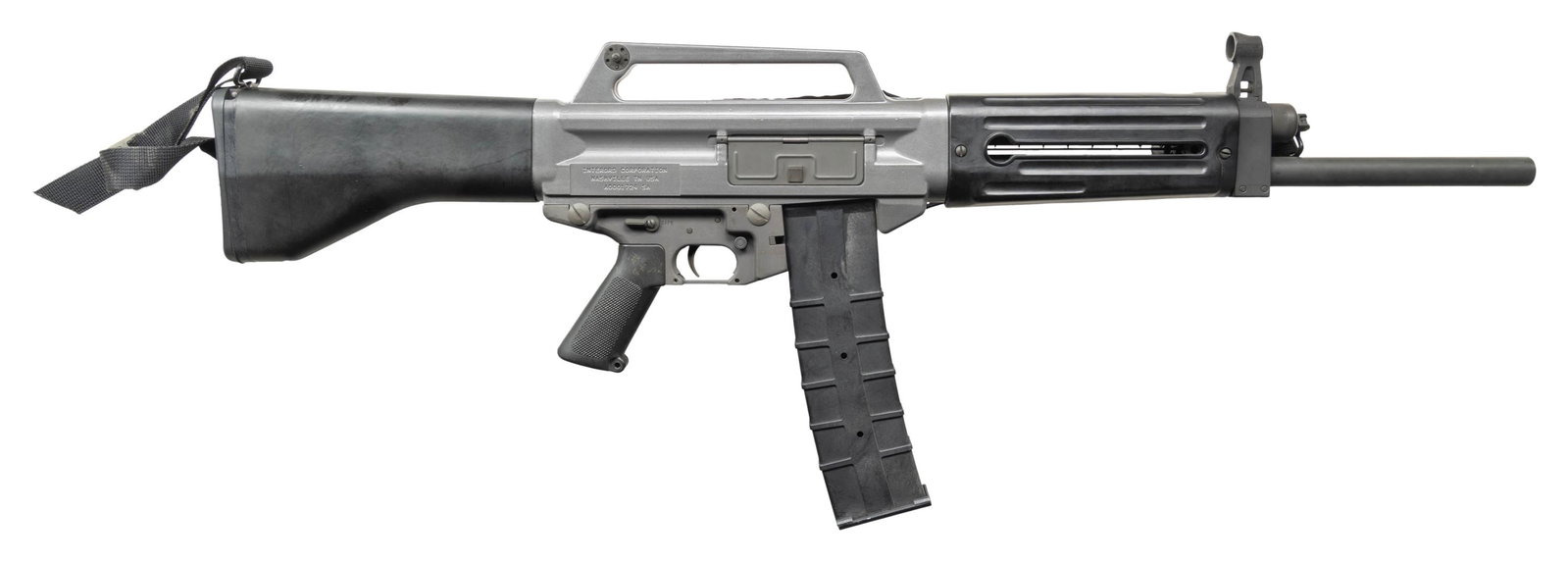 FULL TRANSFERABLE INTER ORDNANCE CORPORATION: USAS-12 SEMIAUTOMATIC SHOTGUN. Cal. 12 Ga. S# A001724SA. Bbl. 18". The USAS-12 is a mag. fed shotgun w/ an interesting history. While it loosely resembles the iconic AR-15, especially in the upper