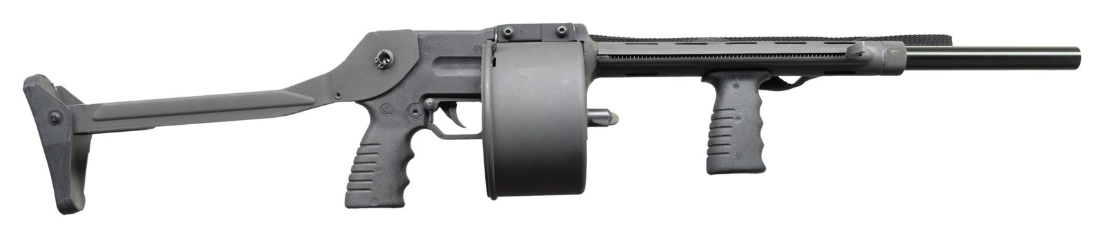 COBRAY / FMJ STREET SWEEPER 12 GA REVOLVING: SHOTGUN. Cal. 12 GA. S# 9300031. Bbl. 18". A copy of the South African Striker-12, Cobray's Street Sweeper saw only a few short years of production, when in 1994, the ATF determined that the Street Sw