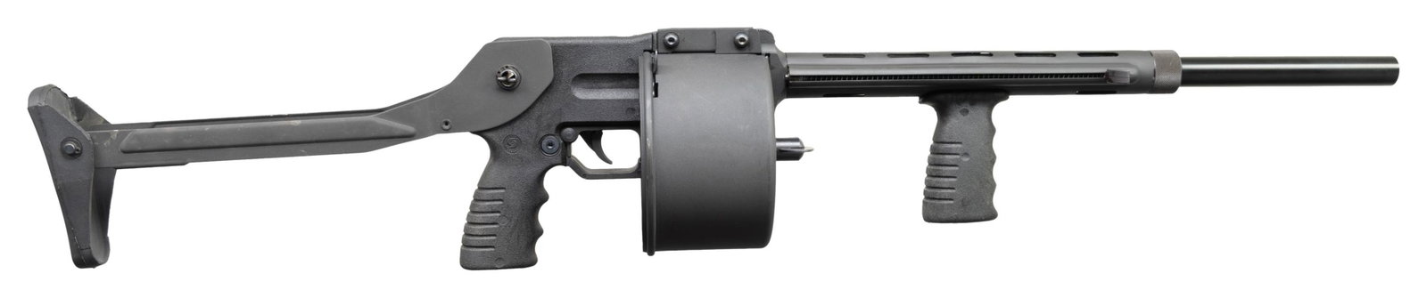 FINE COBRAY STREET SWEEPER SEMI-AUTOMATIC: REVOLVING SHOTGUN WITH SHIPPING BOX & ACCESSORIES. Cal. 12 GA. S# 9300528. Bbl. 18". Street Sweeper semi-automatic revolving shotgun mfg. by Cobray. Front of receiver / drum plate is marked "FMJ/ DUCK