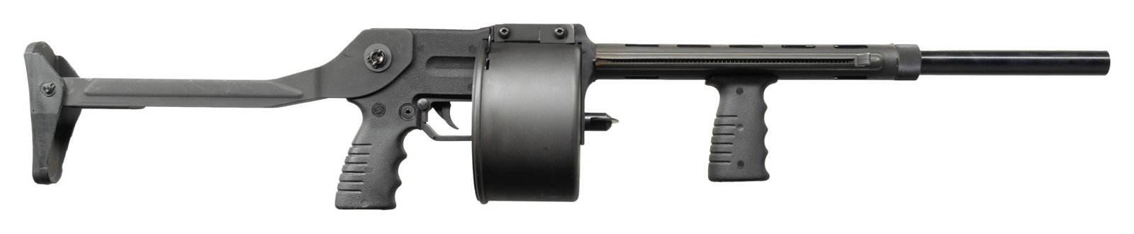 STREET SWEEPER SEMI-AUTOMATIC REVOLVING SHOTGUN.: Cal. 12 GA. S# SH4411. Bbl. 18". Forward receiver drum plate is marked "S/S INC. ATL GA/SS/12 GA." above the S#. Left side of the polymer frame is marked with "S/ (LIGHTNING BOLT)/ S" within a shield