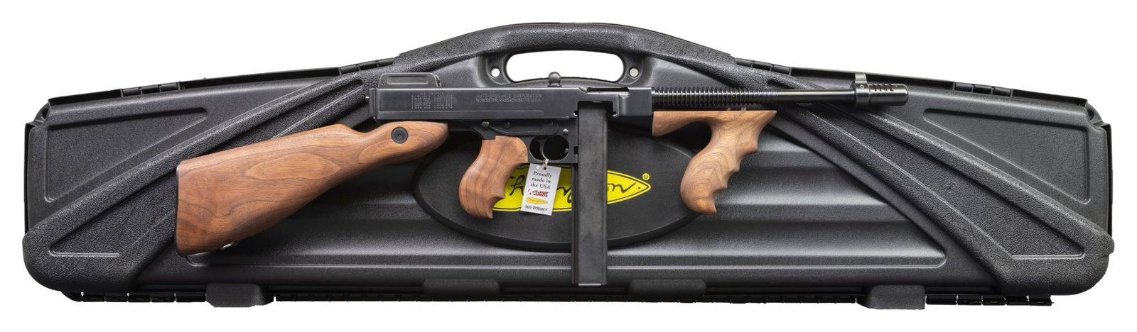 NEW AUTO ORDNANCE MODEL 1927A1 (T1SB): SEMI-AUTOMATIC SHORT BARRELED RIFLE WITH FACTORY CASE & SHIPPING BOX. Cal. 45 (45 ACP). S# KN3639. Bbl. 10 1/2". Model 1927A1 short barreled rifle (T1SB) mfg. by Auto Ordnance. The left side of the