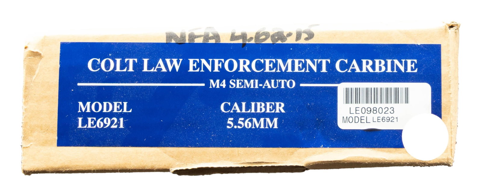 SEALED IN BOX COLT M4 MODEL LE6921 LAW ENFORCEMENT: CARBINE SHORT BARRELED RIFLE. Cal. 5.56mm. S# LE098023. Bbl. 14 1/2". M4 Model LE6921 Law Enforcement Carbine short barreled rifle mfg. by Colt. Carbine is remains sealed in its original factory box