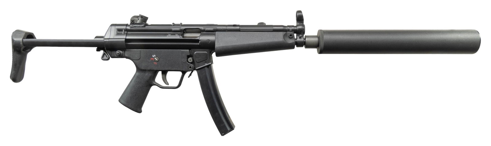 SHOOTERS OUTPOST MP5 SHORT BARRELED SEMI-AUTOMATIC: RIFLE WITH AWC MK9 SILENCER. Cal. 9mm (9x19mm). S# SO2015 (receiver) A629 (silencer). Bbl. 9". MP5 short barreled semi-automatic rifle registered by Shooters Outpost. Top of the receiver exhibits
