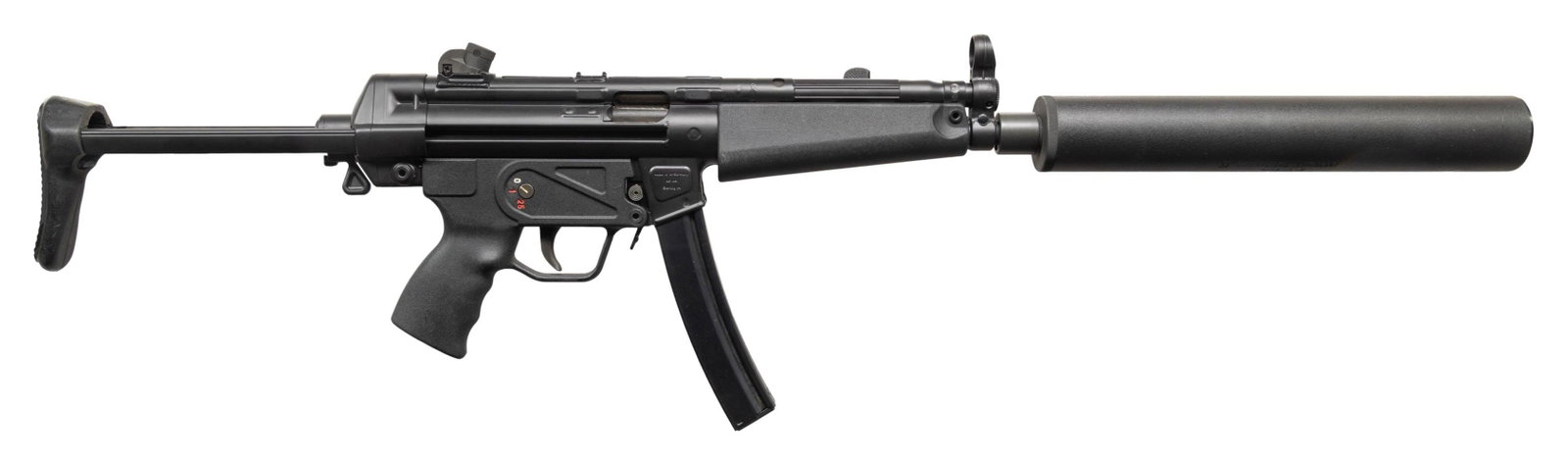 SHOOTERS OUTPOST MP5 SHORT BARRELED SEMI AUTO: RIFLE WITH AWC MK9 SUPPRESSOR.Cal. 9mm. S# 1681 rifle S# A590 suppressor. Bbl. 8 7/8". Standard MP5 sights. Shooters Outpost assembled MP5 Short barreled rifle made using original H&K parts. Upper