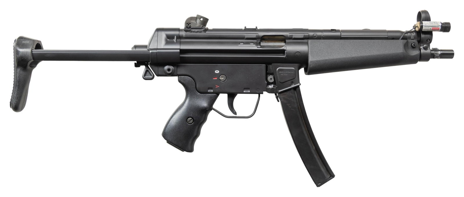 SHOOTERS OUTPOST MP5 SEMI AUTO SHORT BARREL RIFLE.: Cal. 9mm. S# 1682. Bbl. 8 7/8" with tri lug. Standard MP5 sights. Aftermarket red laser sight present on front sight. Laser sight has pressure switch on left of handguard & appears functional. Rifle a
