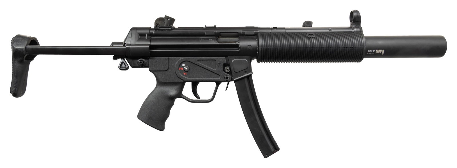 EXCEPTIONAL & HIGHLY DESIRABLE SHOOTERS OUTPOST: MP5-SD SHORT BARRELED HOST GUN WITH FLEMING REGISTERED AUTO SEAR & HK / B&T SILENCER. Cal. 9mm (9x19mm). S# SO9011 (receiver), H2885 (sear), 18122950 (silencer). Bbl. 6". MP5-SD short barreled rifle r