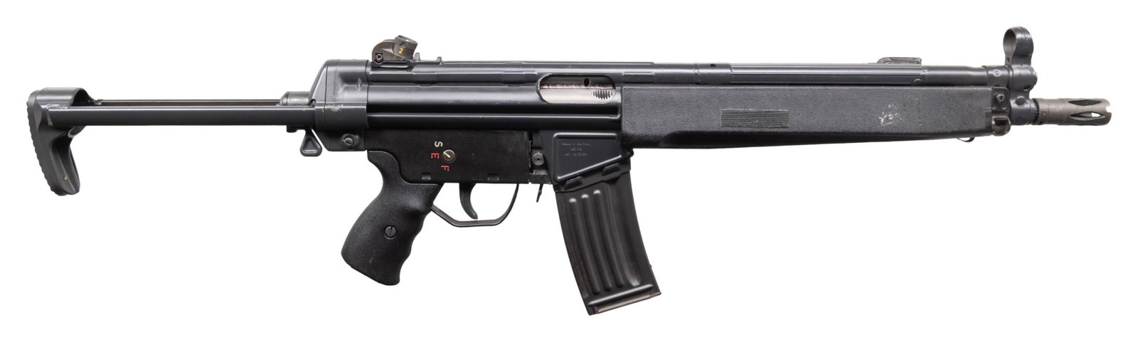 SHOOTERS OUTPOST / S&H ARMS HK33 SHORT BARRELED: SEMI-AUTOMATIC RIFLE. Cal. 5.56. S# A130469. Bbl. 12". Originally mfg. as an HK93, this example was converted by S&H Arms into an HK33 configuration host gun, where it was subsequently registered as a