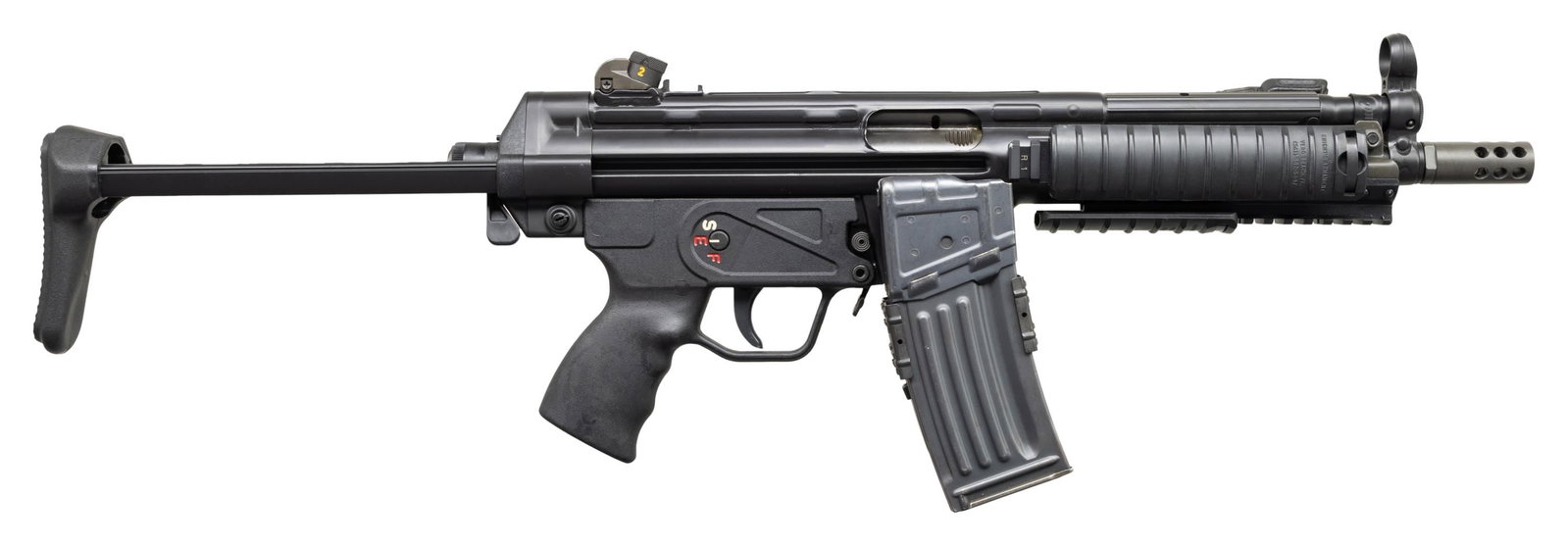 FULLY TRANSFERABLE HK53 HOST GUN WITH FLEMING AUTO: SEAR.Cal. 5.56 S#'s A124951 (Host gun) & H2871 (Sear). Bbl. 9" with muzzle brake. Standard H&K sights. Shooters Outpost of Hooksett, NH made HK53 SBR host gun with Fleming auto sear. Host gun has Shoo
