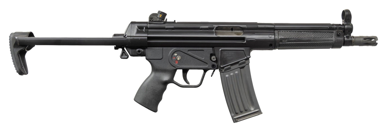 SHOOTERS OUTPOST HK M53 SEMI AUTO SHORT BARREL: RIFLE.Cal. 5.56. S# A129119. Bbl. 9" with flash hider. Standard H&K style sights. Shooters Outpost assembled H&K 53 rifle made using original H&K parts. Left side of receiver has Shooter's Outpost mar
