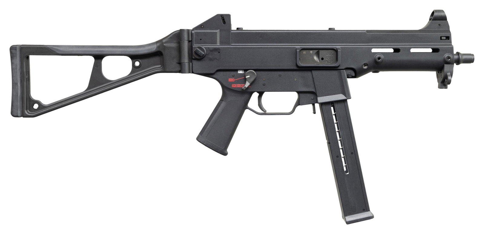 H&K UMP SHORT BARRELED SEMI AUTO RIFLE.: Cal. 45 ACP. S# 47008873. Bbl. 8 1/4". Hooded blade front sight. Flip up aperture rear sight. H&K USC converted to resemble an UMP-45 SMG albeit in semi-auto short barreled form. NFA registry lists H&