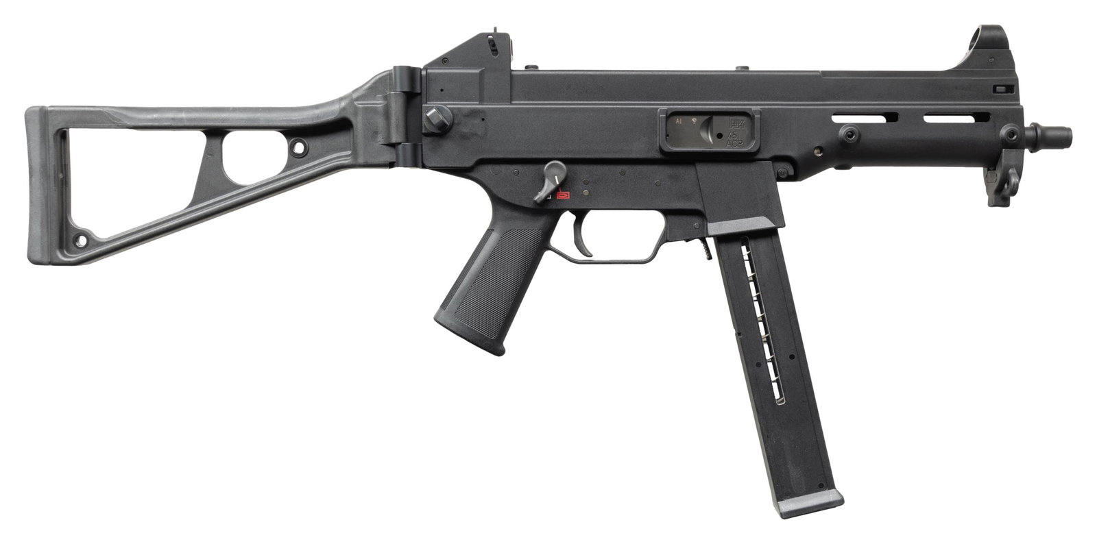 H&K UMP SEMI AUTO SHORT BARRELED RIFLE.: Cal. 45 ACP. S# 47008876. Bbl. 8 1/4". Hooded blade front sight. Flip up aperture rear sight. H&K USC converted to resemble an UMP-45 SMG albeit in semi-auto short barreled form. NFA registry lists H&