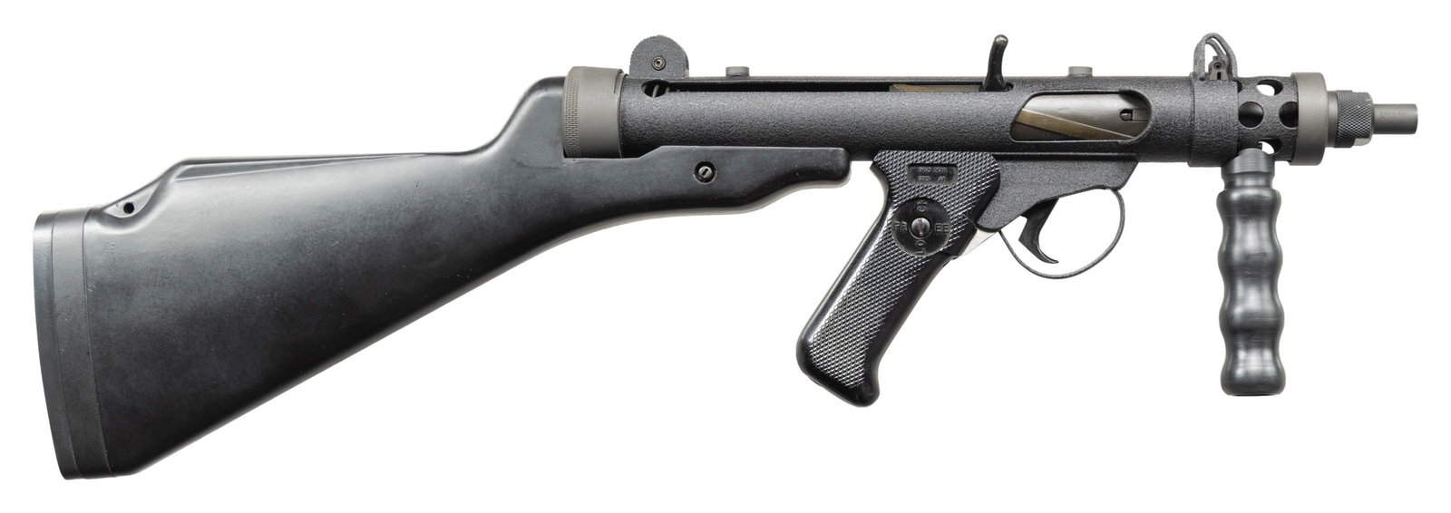 ASI STERLING MKVII SHORT BARRELED SEMI AUTO RIFLE.: Cal. 9mm L (Luger). S# SA0086. Bbl. 4". Post front sight with protective ears. Flip up rear sight. Semi auto closed bolt Sterling MKVII converted to short barreled rifle by Armament Services Internati
