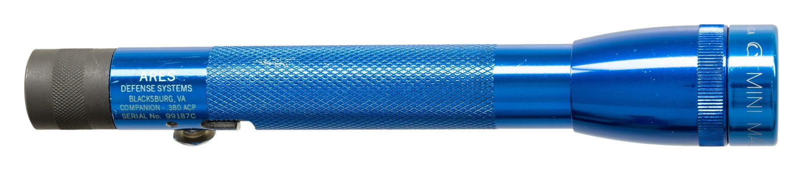 ARES DEFENSE COMPANION 380 AOW.: Cal. 380. S# 99187C. Bbl. 1". Small MagLite flashlight that fires a .380 ACP round out of the rear when a safety pin is released and releases a spring loaded firing pin. Blue finish. CONDITION: all as