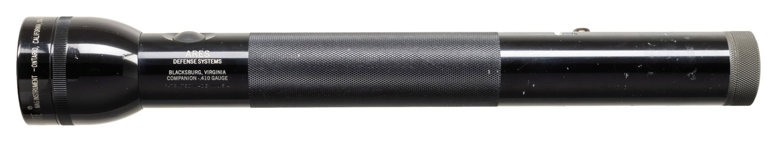 ARES DEFENSE SYSTEM COMPANION 410 AOW.: Cal. 410. S# D4006793223. Bbl. 1". Maglite 5D flashlight converted into a 410 defensive single shot weapon. Projectile leaves through end cap. The flashlight is still functional. Matte black finish. C