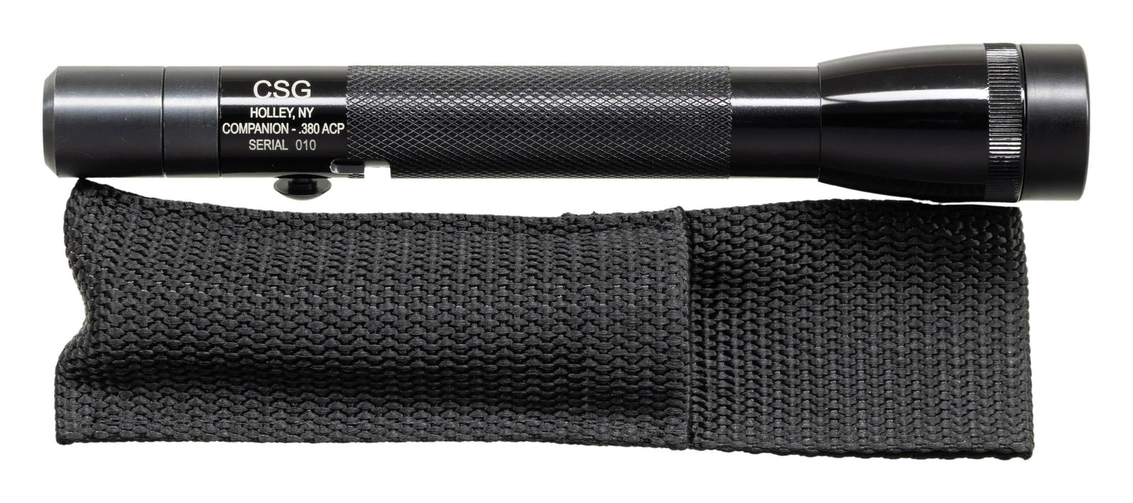 CSG COMPANION AOW FLASHLIGHT.: Cal. 380 ACP. S# 010. Bbl. 1". An interesting concealed 380 within a small 6 1/2 " Maglite style flashlight. UNATTACHED ACCESSORIES: nylon carrying case, wrench & plain white cardboard box. CONDITION: