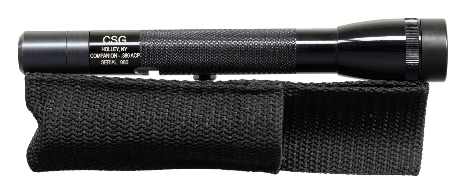 CSG COMPANION AOW FLASHLIGHT.: Cal. 380 ACP. S# 080. Bbl. 1". An interesting concealed 380 within a small 6 1/2 " Maglite style flashlight. UNATTACHED ACCESSORIES: nylon carrying case, wrench & plain white cardboard box. CONDITION: