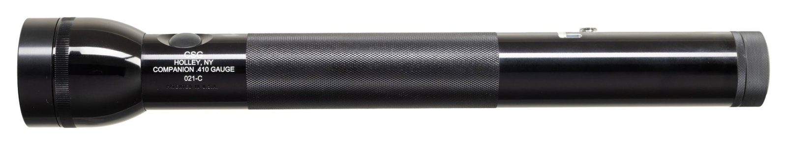 CSG COMPANION 410 AOW FLASHLIGHT.: Cal. 410. S# 021C. Bbl. 1". Interesting weapon disguised as a 14 1/2" Maglite. UNATTACHED ACCESSORIES: plain white cardboard box. CONDITION: all aspects near new. PROVENANCE: Military Museum Collectio