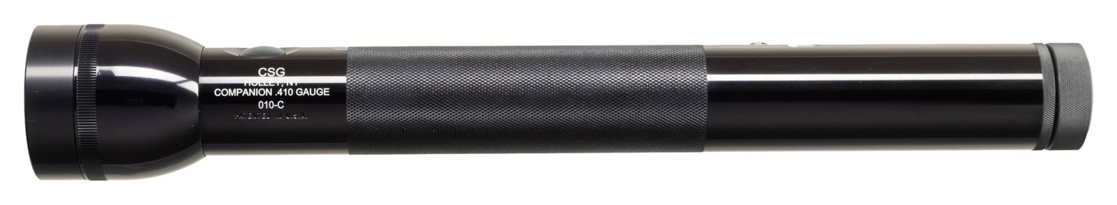 CSG COMPANION 410 AOW FLASHLIGHT.: Cal. 410. S# 010C. Bbl. 1". Interesting weapon disguised as a 14 1/2" Maglite. UNATTACHED ACCESSORIES: plain white cardboard box. CONDITION: all aspects near new. PROVENANCE: Military Museum Collectio