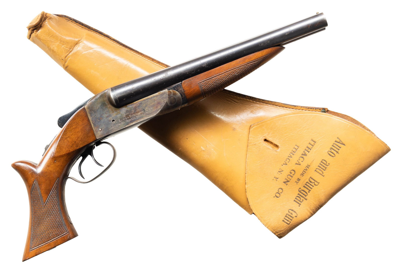 RARE ITHACA AUTO & BURGLAR MODEL A 20 GA. SXS: SHOTGUN WITH ORIGINAL FACTORY HOLSTER. Cal. 20 GA. S# 360364. Bbl. 10 1/16". 1 of only approx. 2,500 Model A Auto & Burglar SxS shotguns mfg. by Ithaca Gun Co. between 1921-1934. The top of the right 