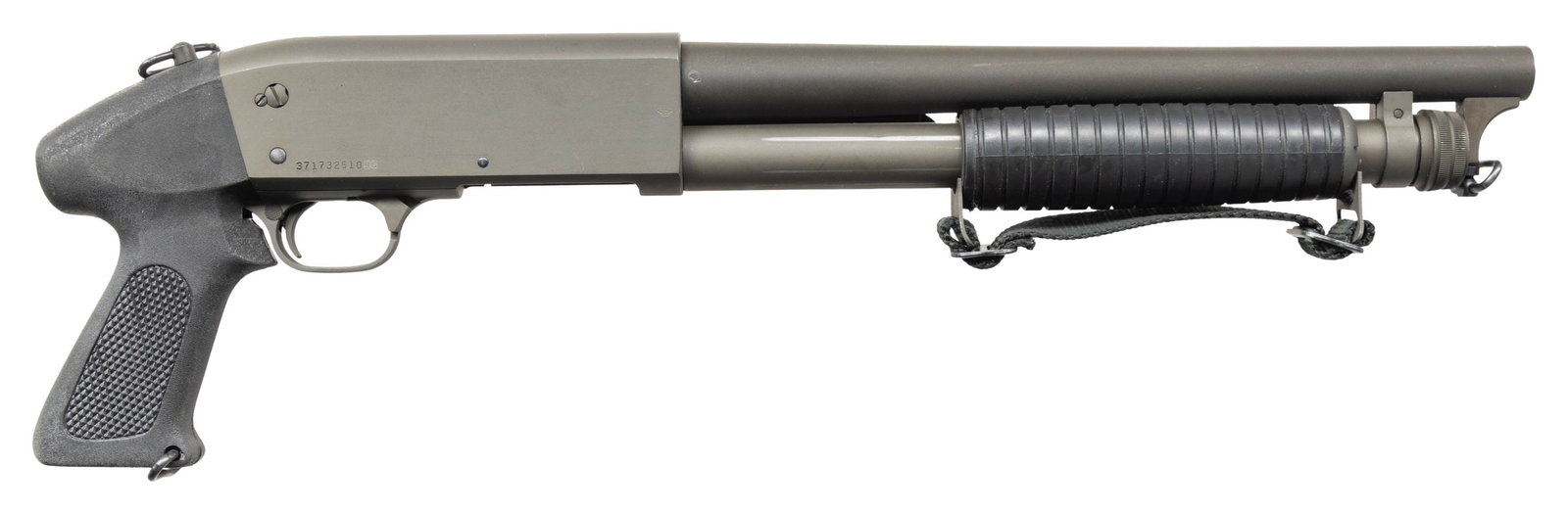 ITHACA STAKEOUT AOW PUMP ACTION SHOTGUN.: Cal. 12 Ga. 2 3/4". S# 371732510HG. Bbl. 13 1/4". Parkerized finish. Checkered black plastic pistol grip & grooved forend. CONDITION: furniture shows some light handling wear. Metal retains 95-97% ori