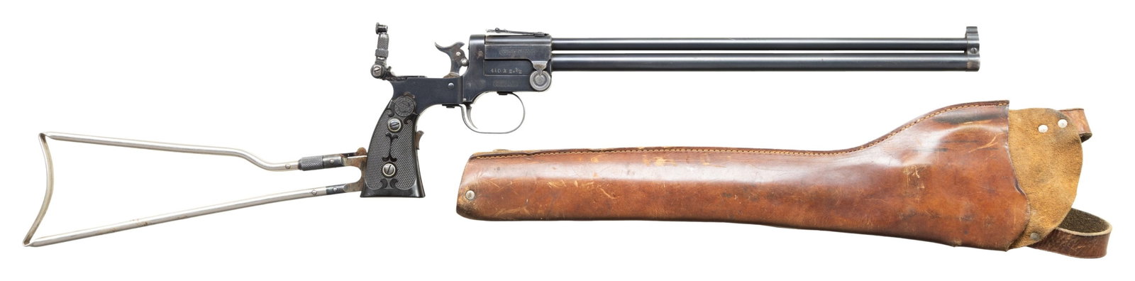 MARBLES SAFETY AXE CO. GAMEGETTER O/U COMBINATION: GUN WITH HOLSTER. Cal. 22 / .410 GA., 2 1/2". S# 9472. Bbl. 15". Gamegetter O/U combination gun mfg. by Marbles Safety Axe Co. Left side of the breech is marked "-MANUFACTURED BY THE-/ MARBLE SAFETY A