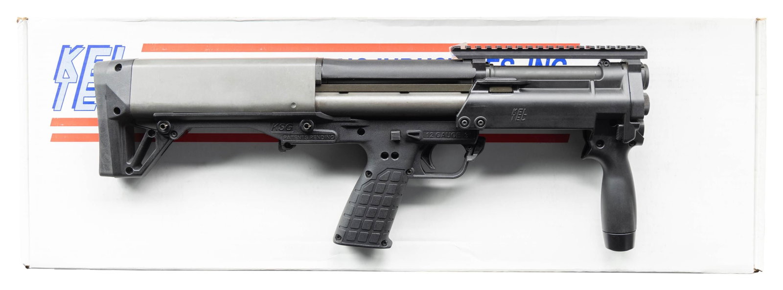 KEL TEC KSG TACTICAL SHORT BARRELED PUMP ACTION: SHOTGUN. Cal. 12 Ga. 3". S# X3G63. Bbl. 13 3/4". Top mounted picatinny rail for sight mounting of end users choice. Unique bullpup shotgun with dual feed tubes giving total of 10 rd. capacity. Matte b