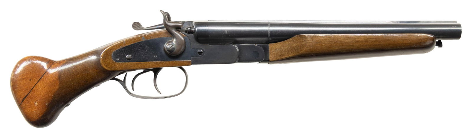 ROSSI 20 GA SXS HAMMER "COACH GUN" SHORT BARRELED: SHOTGUN. Cal. 20 GA, 3". S# RGS26786. Bbl. 10 13/16". SxS hammer "Coach Gun" mfg. in Brazil by Rossi, imported by Garcia Sporting Arms, and subsequently converted into a short barreled shotgun by Den'