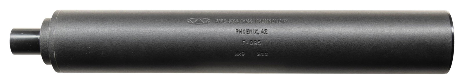 AWC SYSTEMS TECHNOLOGY MK9 SILENCER.: Cal. 9mm. S# F095. Mk9 9mm silencer mfg. by AWC Systems Technology. The side of the silencer tube is marked with the AWC logo, followed by "AWC SYSTEMS TECHNOLOGY/ PHOENIX, AZ/ F-095/ Mk9 9mm". Alumin