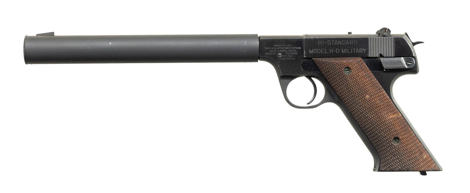 HI-STANDARD MODEL H-D MILITARY SEMI-AUTOMATIC: PISTOL WITH OSS STYLE SOUND SYPPRESSOR. Cal. .22LR. S# 256574. Bbl. 9.25". The High Standard Model HD Military suppressed pistol has had a special place in the hearts & minds of advanced firearms coll