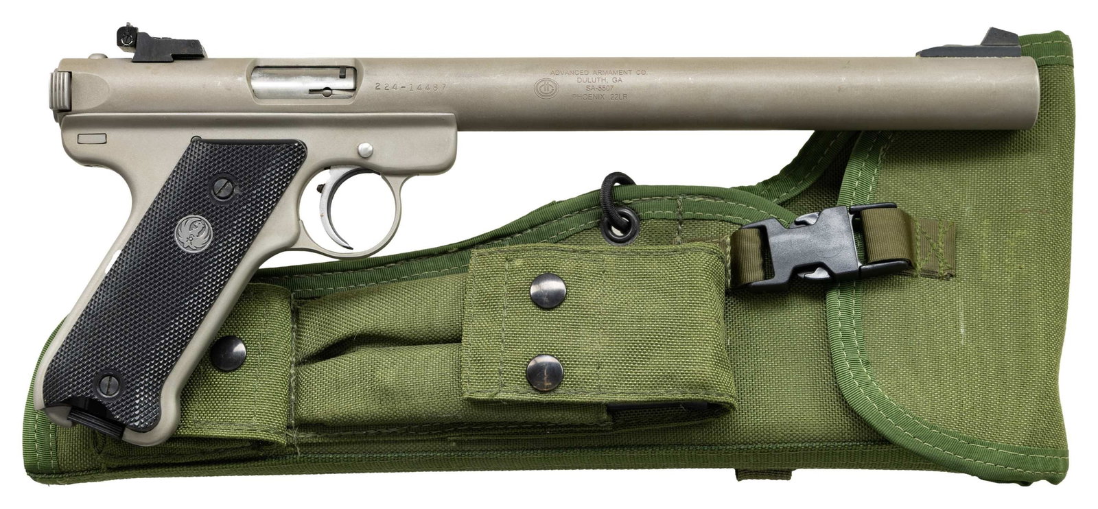 RUGER MARK II TARGET SEMI-AUTOMATIC PISTOL WITH: INTEGRAL ADVANCED ARMAMENT CO. PHOENIX SILENCER. Cal. 22. S# 224-14487 (receiver) SA5507 (silencer). Bbl. 9 1/8" (including silencer). Originally mfg. as a standard Mark II Target semi-automatic pisto