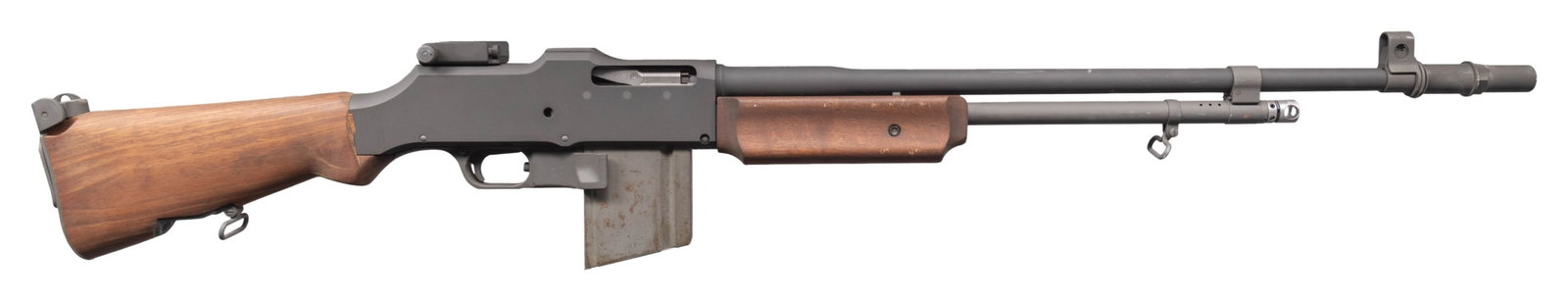 OHIO ORDNANCE 1918A3 BAR SEMI AUTO RIFLE.: Cal. 30-06. S# 1361. Bbl. 27" High Standard 9-54 dated with flash hider. Blade front sight with hood. 1918A2 ladder rear sight graduated to 1500yds. Ohio Ordnance semi auto BAR built in the style of t