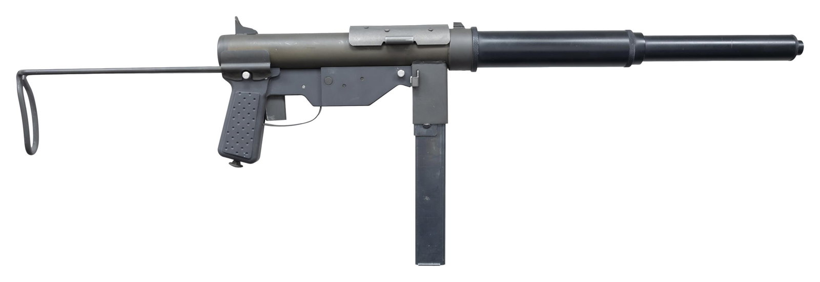 SEMIAUTOMATIC VALKYRIE ARMS SA/M3-A1 GREASE GUN.: Cal. 45ACP. S# 02450308. Bbl. 16". The M3 grease gun was first adopted by the United States military in the early 1940's. During WWII, the General Motors Corp., Guide Lamp division, produced just