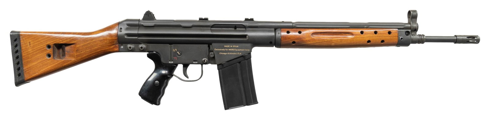 MARS CETME SPORT SEMI AUTO RIFLE.: Cal. 7.62x51. S# S-02667. Just over 1250 of these Spanish mfg semi auto rifles were imported between 1966-71. This example was part of the 2nd batch of rifles that was brought in with a wooden