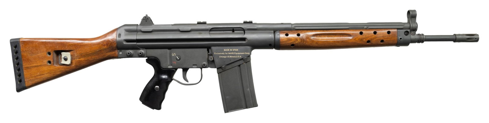 MARS CETME SPORT SEMI AUTO RIFLE.: Cal. 7.62x51. S# S=02589. Just over 1250 of these Spanish mfg semi auto rifles were imported between 1966-71. This example was part of the 2nd batch of rifles that was brought in with a wooden