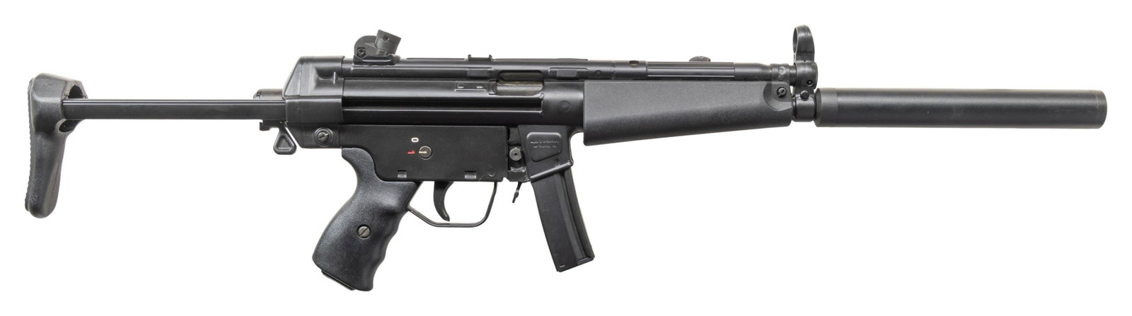 PREBAN HK94 SEMI AUTO RIFLE.: Cal. 9mm Luger. S# 9159. Bbl. 16" with faux suppressor. Standard H&K style sights with drum adjustable rear. "IG" date coded example denoting 1986 mfr. Semi auto version of the legendary H&K MP5 SMG.
