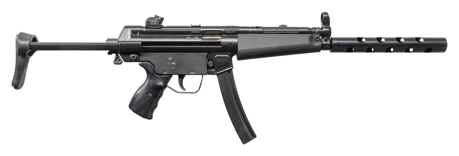 PREBAN HK94 SEMI AUTO RIFLE.: Cal. 9mm Luger. S# 9662. Bbl. 16" with shroud. Standard H&K sights with diopter rear. Semi auto version of the legendary MP5 SMG. Gun has "IG" date code for 1986. Lower has three positions with right