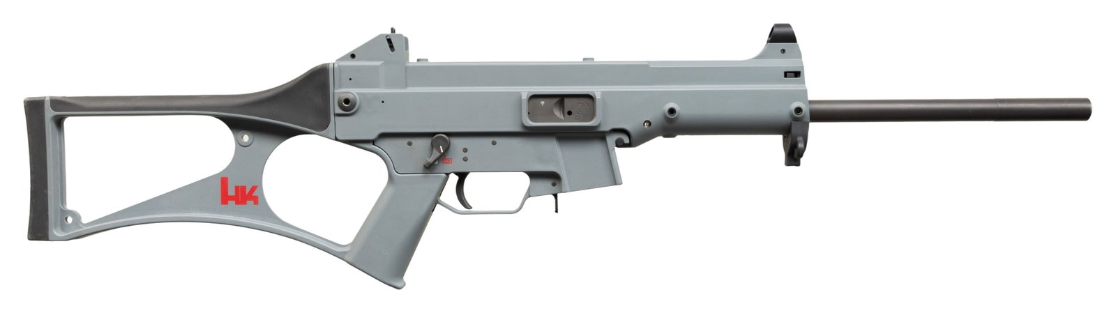 HK USC SEMI AUTO CARBINE.: Cal. 45 ACP. S# 47-001129. Mfg. 1999. Bbl. 16" w/ polygonal rifling. Hooded blade front sight & dual aperture rear sight. Grey chassis w/ ambidextrous safety / selector & left side bolt release. MAGS: