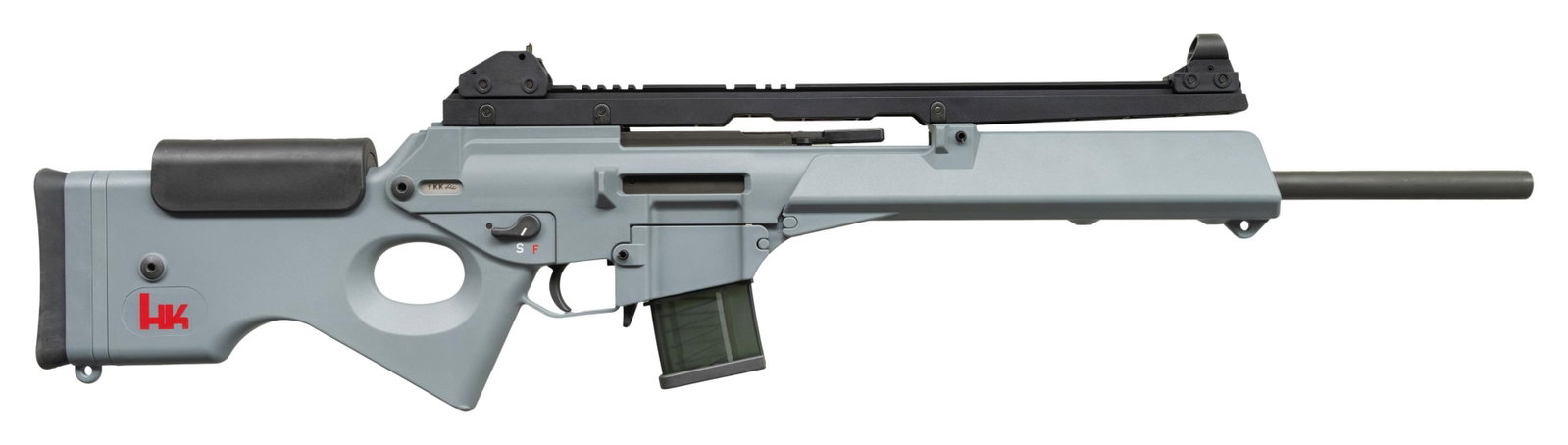 HECKLER & KOCH MODEL SL8-1 SEMI-AUTOMATIC RIFLE: WITH MATCHING FACTORY BOX. Cal. 223. S# 48-004008. Bbl. 19 1/2". SL8-1 semi-automatic rifle mfg. in Germany by Heckler & Koch and imported by HK Inc. in 1999. The left side of the receiver is marked w