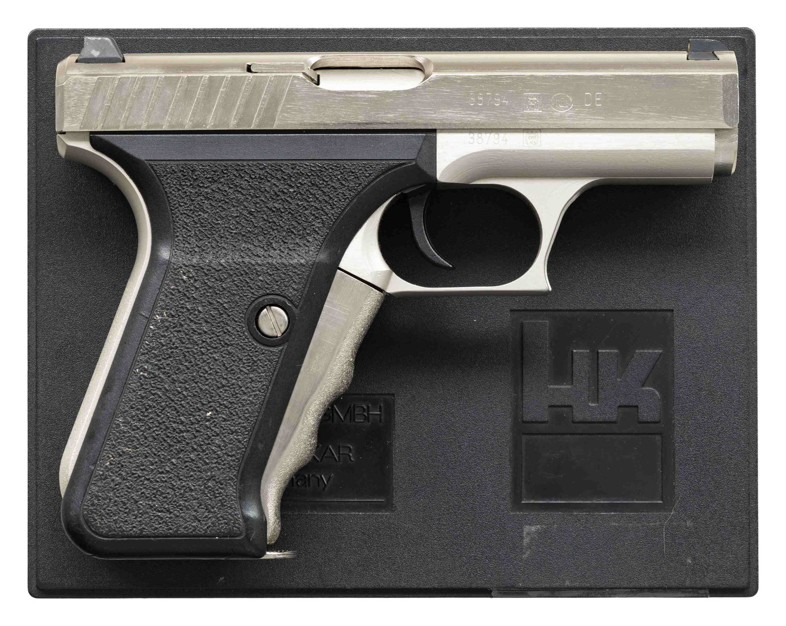 H&K P7M8 SEMI AUTO PISTOL.: Cal. 9x19. S# 38794. Bbl. 4 1/8". Three dot sights. Right side of slide has circled "NDS" Niedersachsen (Lower Saxony) police marking. Both frame & slide have "BWB 415" German government procurement m