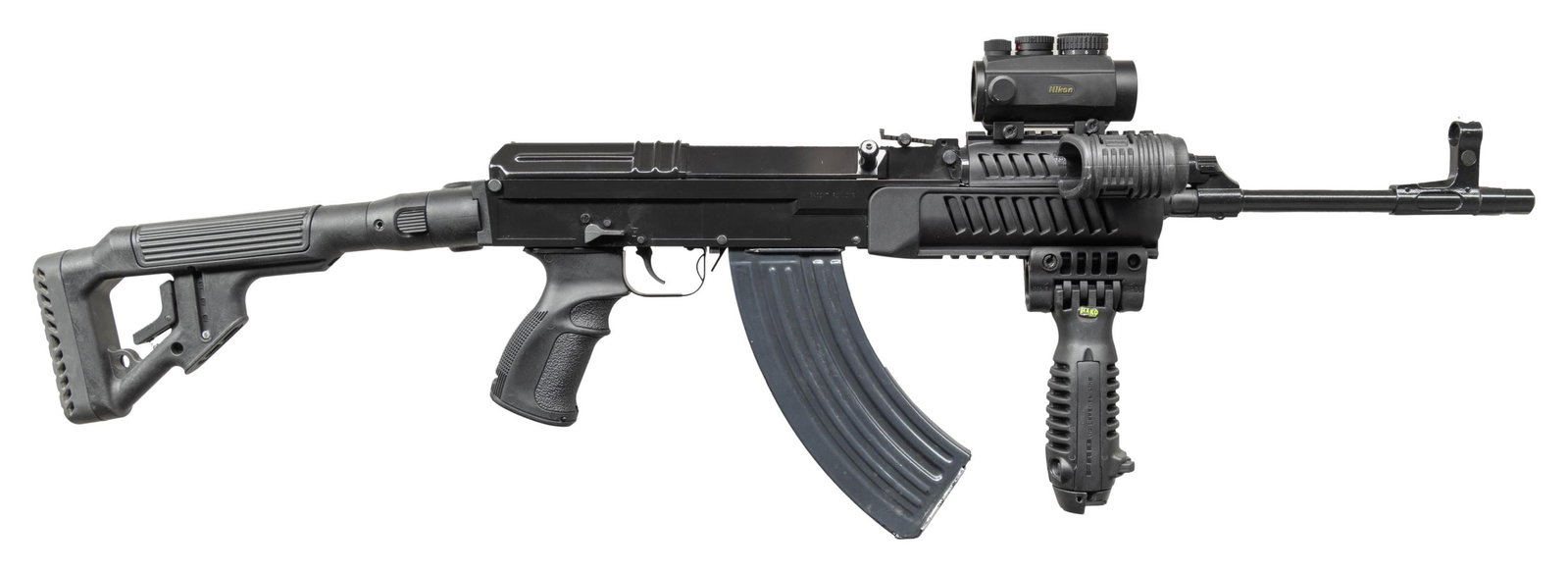 DESIRABLE D-TECHNIK VZ58 SPORTER SEMI AUTO RIFLE.: Cal. 7.62x39. S# 01024. Bbl. 16". Standard VZ-58 sights. Handguard mounted Nikon Monarch dot sight that does not appear to be turning on. Desirable D-Technik VZ-58 sporter rifle built with a combo of