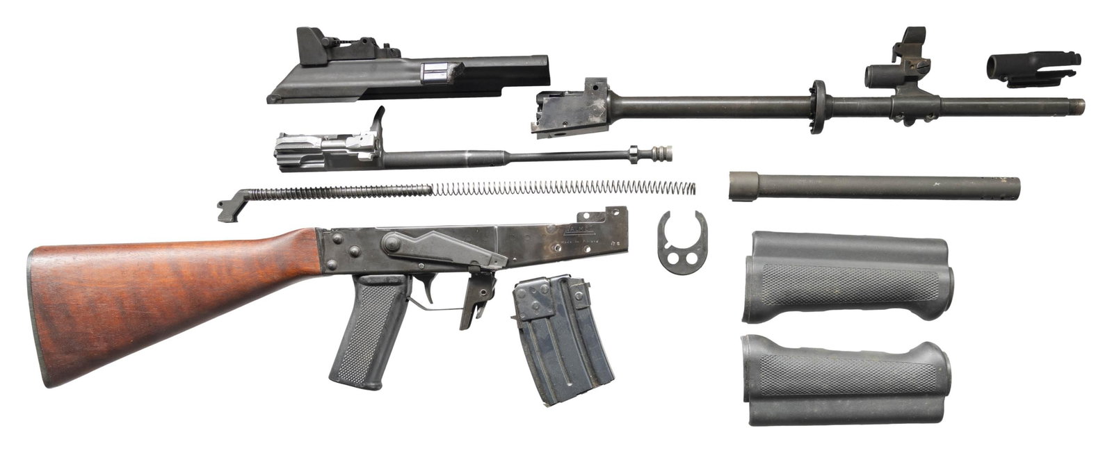 VALMET M76 SEMI-AUTOMATIC RIFLE PARTS KIT.: Cal. 223 Rem. S# 156688. Bbl. 16 1/2". M76 semi-automatic rifle parts kit mfg. in Finland by Valmet. The left side of the receiver is marked with the S# above the cal. designation, followed by an