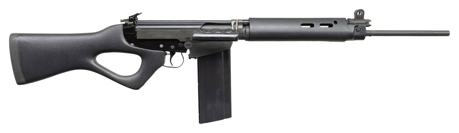 CENTURY ARMS L1A1 SEMI AUTO RIFLE.: Cal. 308 Win. S# 100628. Bbl. 22". Blade front sight with protective ears. Flip up aperture rear sight. Post-ban config FAL style rifle assembled by CAI using a variety of parts. Lower is from a