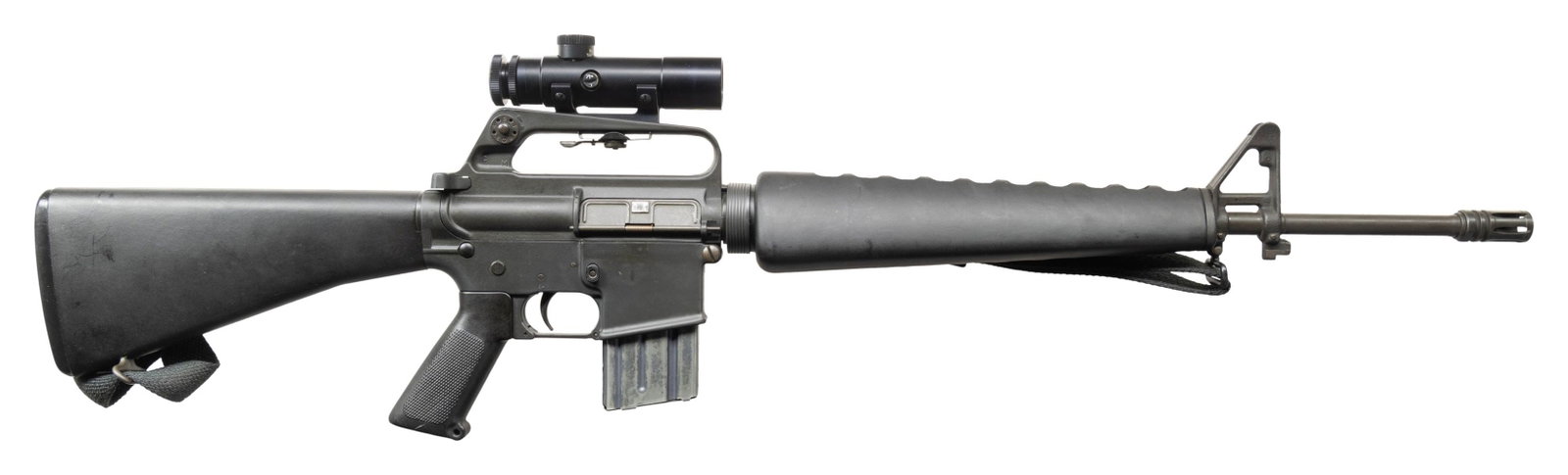 COLT AR-15 SP1 SEMIAUTOMATIC RIFLE WITH FACTORY: LETTER & COLT SCOPE. Cal. 223. S# SP141788. Bbl. 20". Threaded pencil barrel terminated w/ A1 flash hider. Barrel marked " C MP CHROME BORE". Protected post front sight / gas block / bayonet lug. Tria