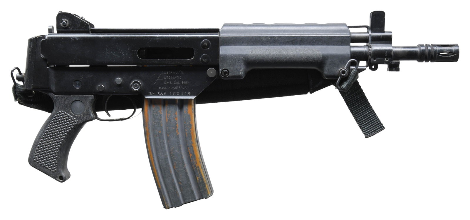 EXTREMELY UNIQUE AUSTRALIAN AUTOMATIC ARMS SAP: SEMI AUTO PISTOL MODIFIED BY LAFRANCE SPECIALTIES FOR BLANK FIRING ONLY. Cal. 5.56 S# SAP100049. Bbl. 10". A scarcely found example of an entire industry that ceased normal operations, following wide,