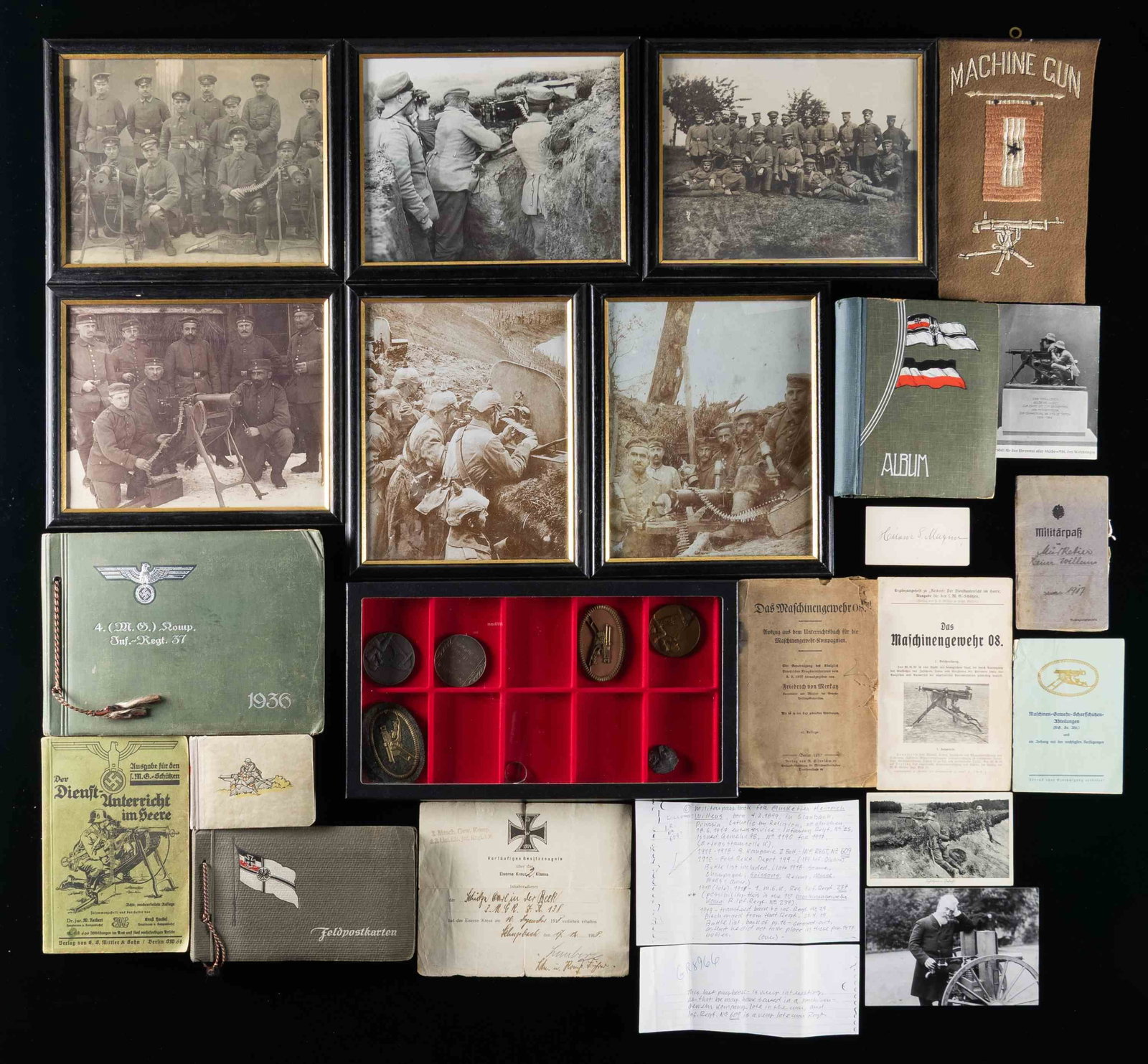 GERMAN MACHINE GUN MILITARIA LOT.: This lot consists of the following German MG related items: 1) WWI German MG 08 machine gun qualification sleeve patch exhibiting a two-piece gilded Maxim machine on the front with a lead backing mark