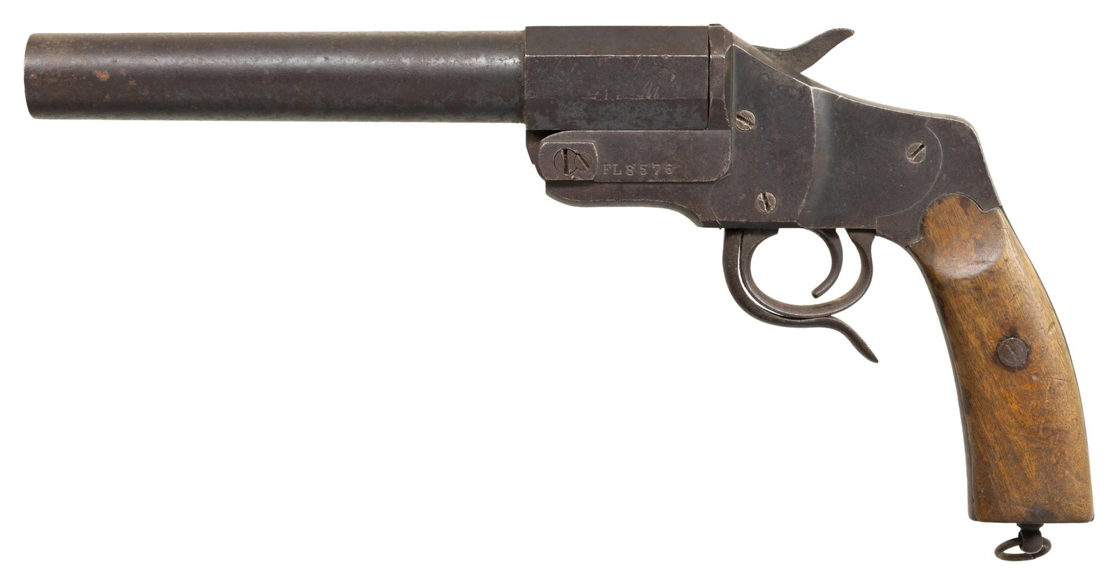 BATTLE DAMAGED GERMAN WWI HEBEL MODEL 1894 FLARE: PISTOL. Cal. 26.5mm. S# FL8576. Bbl. 9" smoothbore. No sights are fitted. Frame has what appears to be a bullet strike on the upper right side near the nose of the hammer. Frame is marked with "BU"