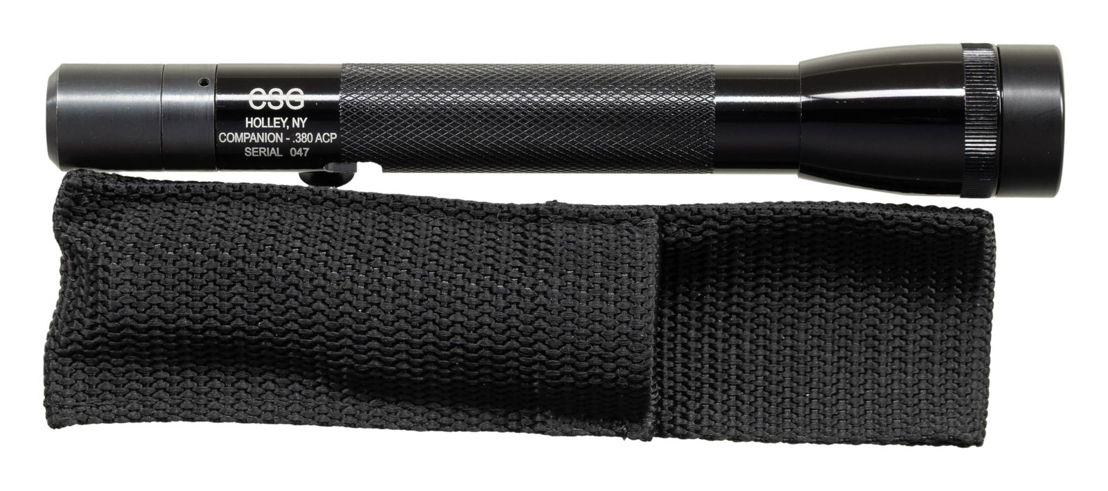 FAUCI CSG COMPANION AOW FLASHLIGHT: Cal 380 ACP. S# 047. Bbl 1". An interesting concealed 380 within a small 6 1/2 " Maglite style flashlight. UNATTACHED ACCESSORIES: nylon carrying case, wrench & white cardboard box. CONDITION: all asp