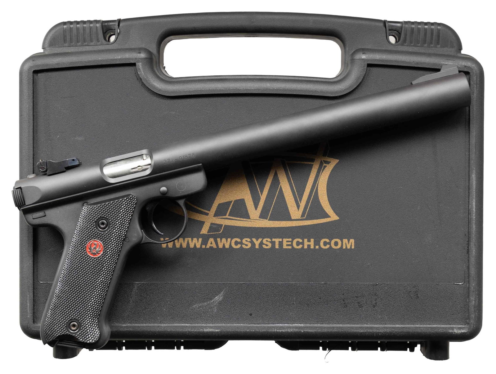 NEW RUGER MARK III TARGET SEMI-AUTOMATIC: PISTOL WITH INTEGRAL AWC AMPHIBIAN S SILENCER & ACCESSORIES. Cal. 22 (22 LR). S# 272-91878 (receiver) 120904 (silencer). Bbl. 9 1/8" (with silencer). Mark III Target semi-automatic pistol mfg. by Ruge